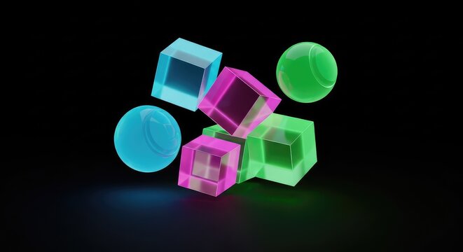 Vibrant translucent cubes and spheres hover in a dark void, emitting a soft neon glow that illuminates the surrounding empty atmosphere, background, radiance, atmosphere