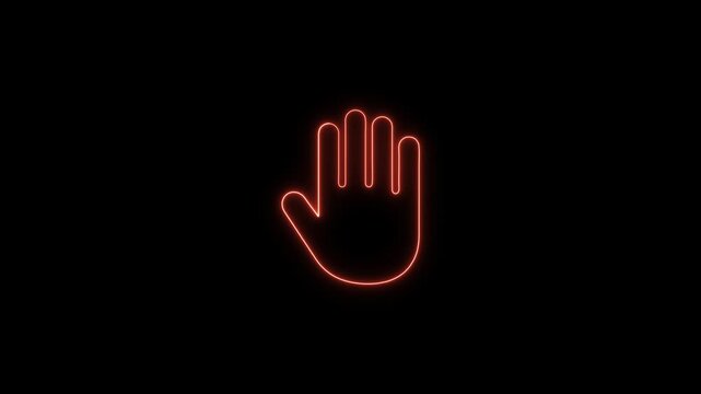 Glowing Orange Neon Hand Gesture Animation on Black Background, Stop, Warning, Safety and Digital Interaction Concept