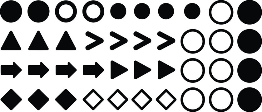 Arrow bullet list icons, presentation slides, vector arrow symbols, PowerPoint design, list indicators, directional markers, infographic elements, business, navigation, workflow, graphics.