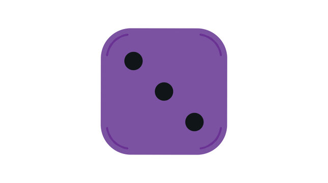 A flat purple vector dice icon showing three dots. Simple geometric illustration for gambling, board games, luck, casino apps, web UI design, and casual gaming assets. Minimalist style.
