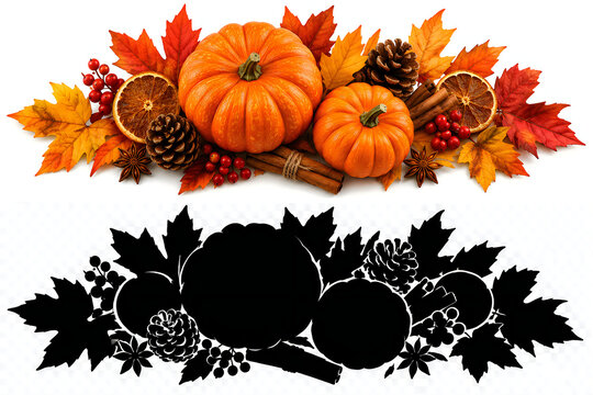 Autumn harvest pumpkin and fall leaf border design with black silhouette icon and color set