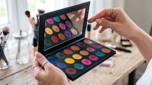 Woman holding a large eyeshadow palette with many colorful shades and makeup brushes in the background