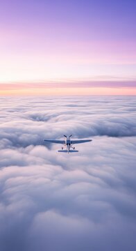 A breathtaking aerial view of a small airplane soaring above a soft blanket of clouds under a dreamy pastel sky of purple and pink hues, silhouette, soft, transport