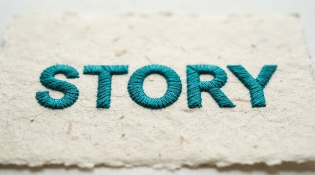 Close-up of handcrafted embroidered word 'Story' on natural fabric texture ideal for branding, web design, marketing banners, and creative project backdrops.