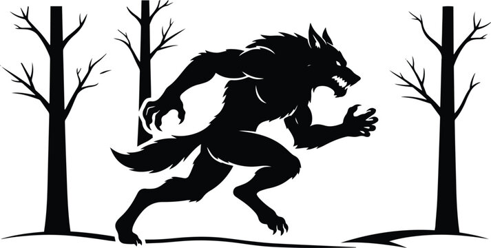 Fascinating fierce werewolf running past bare trees silhouette vector illustration for dark fantasy horror design concepts