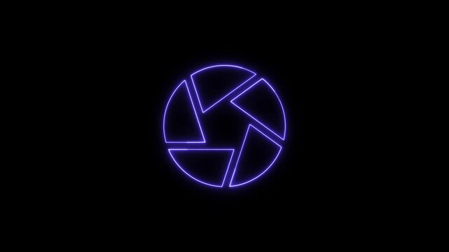 Glowing Purple Neon Camera Aperture Shutter Icon Animation on Black Background, Photography and Optical Lens Concept