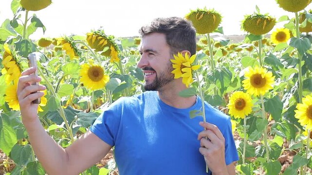 Influencer filming videos from a sunflowers field during the summer time 