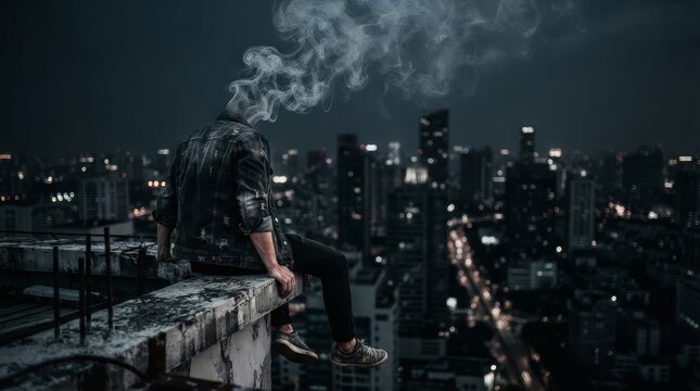 Man sitting on rooftop edge with smoke instead of head overlooking night city. Surreal conceptual image of burnout, stress and mental exhaustion. Dark urban loneliness and depression concept.