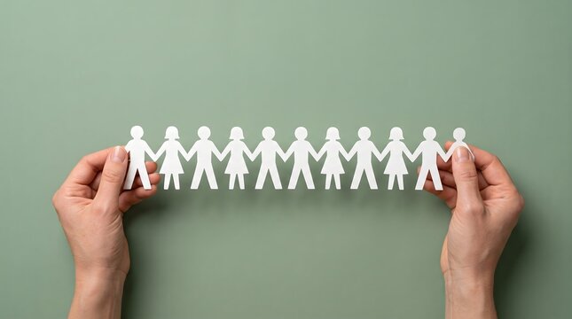 Hands holding paper chain of people on green background.