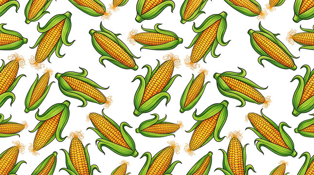 Seamless pattern of fresh yellow corn cobs on white background
