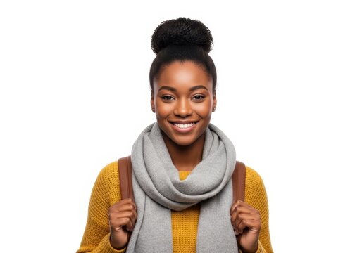 Smiling woman giving thumbs up in casual attire