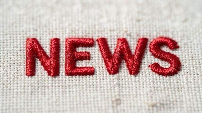 Close-up red embroidered news text on light fabric texture showcasing vibrant stitching ideal for creative marketing banners, web design backdrops, or branding materials.