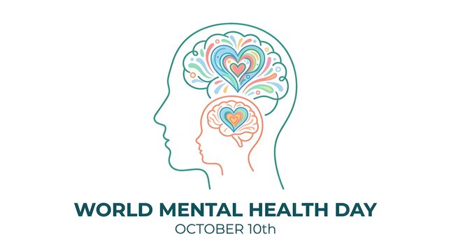 World Mental Health Day concept with human head silhouettes and colorful heart brains.