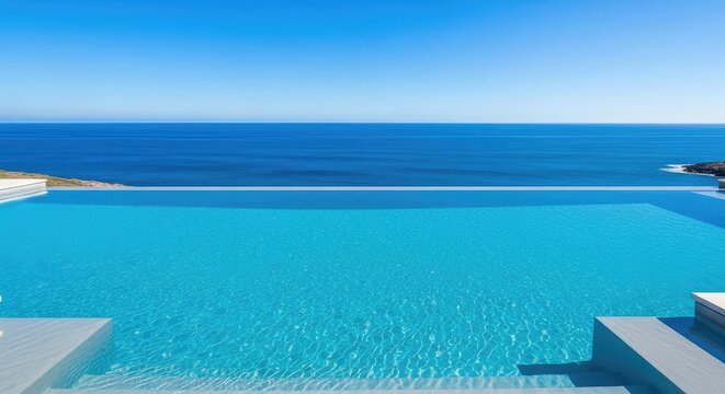 A crystal clear infinity pool blends seamlessly with the deep blue horizon of a coastal landscape under a bright and cloudless sunny sky, water, luxury, terrace