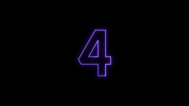 Glowing Purple Neon Number Four Animation on Black Background, Digital Countdown, Mathematics and Numeric Display Concept