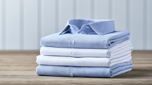 A neat stack of folded blue and white business shirts on a wooden table. Perfect for professional apparel retail and fashion marketing campaigns.