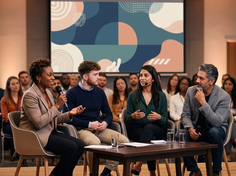 diverse speakers holding microphones sitting on stage during panel discussion at business seminar