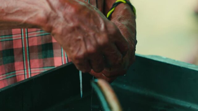Cutting Fresh Squid at a street kitchen at a fish market in Asia. Exotic Asian street food. Cooking seafood in slow motion..