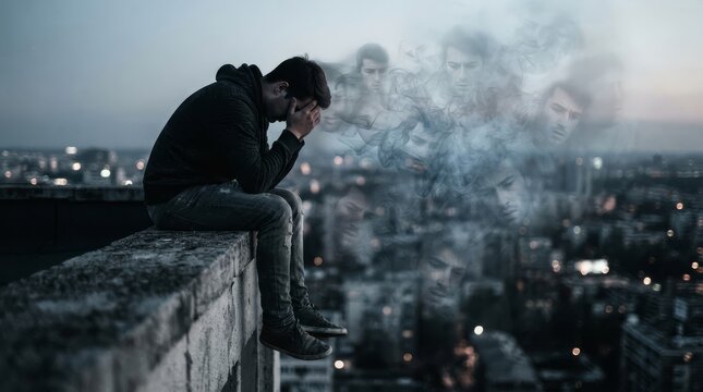 Sad man sitting on rooftop edge holding head in hands with smoke faces of depressed people around him. Mental health problems, depression and anxiety