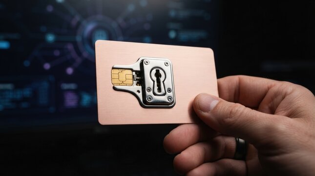 Professional hand holding sleek card with SIM lock graphic ideal for tech marketing ads web banners or digital security presentations.