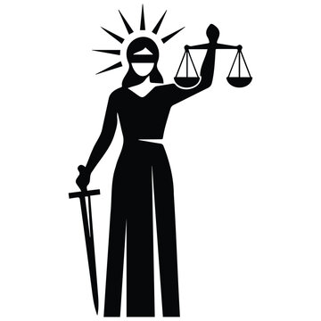 Lady justice holding sword and scales silhouette illustration blindfolded legal goddess vector.
