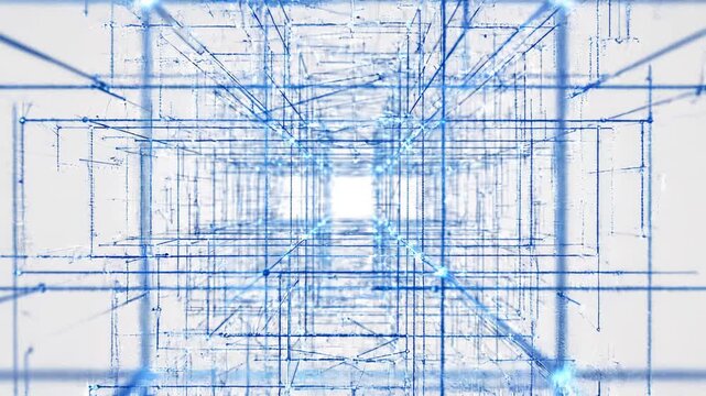 Abstract blue digital network grid in perspective with glowing nodes during a futuristic data stream