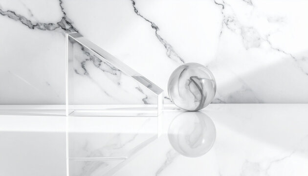 Abstract marble sphere and prism on reflective surface