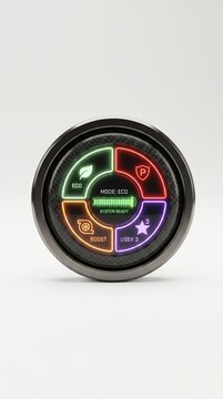  a round control panel or mode selector with a display and colored neon backlighting