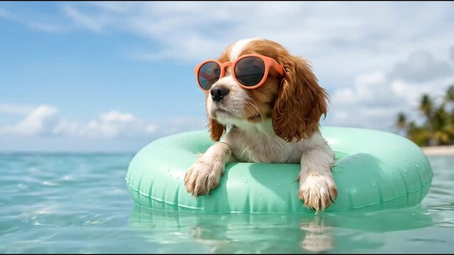 Playful puppy dog wearing orange sunglasses inflatable ring float tropical beach relaxing summer
