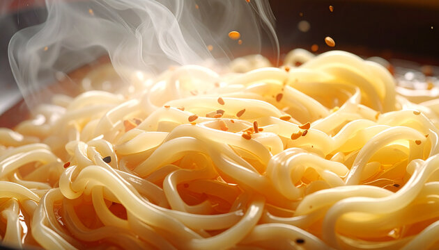 Close-up of steaming hot noodles with sesame seeds
