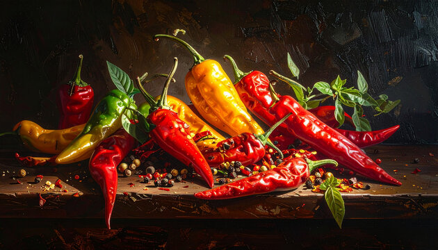 Colorful chili peppers still life on a wooden table
