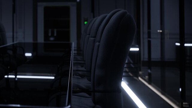 In a dimly lit room, a long glass table sits with several black chairs lined up. The setting looks ready for a meeting or discussion. The atmosphere feels formal and professional.