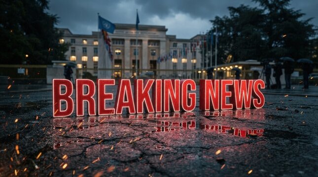 Striking breaking news graphic with bold red text overlay on wet pavement reflecting city lights for impactful marketing banners, web design backdrops, or media presentations.