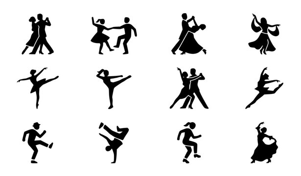 Dancing styles vector icon set with flat illustrations of couple ballroom ballet zumba and latin dance disciplines