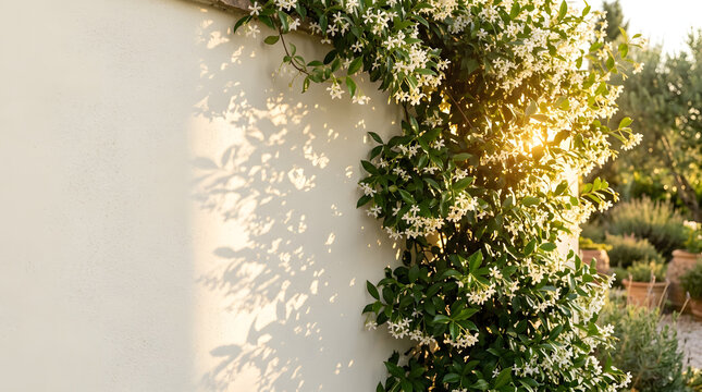 Jasmine vine with white flowers growing on a white wall during golden hour. Plant shadows cast on exterior architecture in a garden