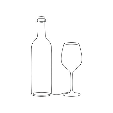 Wine bottle and glass line art vector illustration black and white minimalist design for graphic resources