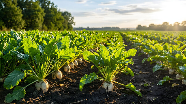 Field of growing sugar beets with large green leaves in dark soil. Agricultural landscape with root vegetables at sunset