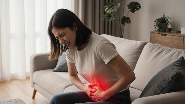 Abdominal ache crisis: stomach pain, female distress, cramp struggle, bowel disease, internal glow, chronic illness, visceral tension, gastrointestinal disorder, acute spasm, home environment.