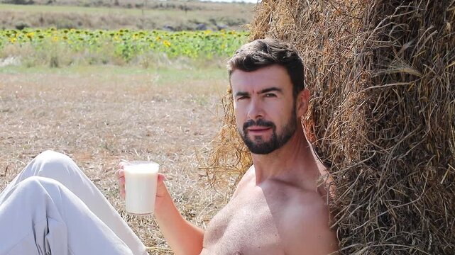 Attractive Shirtless Farmer Drinking Fresh Milk in Sunflower Field