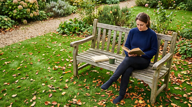 Woman reading a book on a wooden bench in an autumn garden. Female relaxing outdoors with a mug of tea and fallen leaves