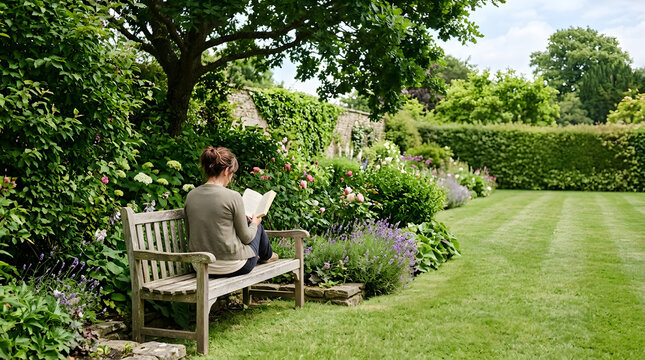 Woman reading a book on a wooden bench in a manicured garden. Female relaxing outdoors on a green lawn with blooming flowers