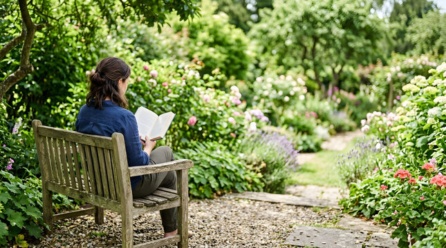 Woman reading a book on a wooden bench in a lush blooming garden. Female relaxing outdoors among green plants and flowers