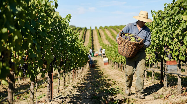Male worker carrying a heavy wicker basket full of harvested grapes in a vineyard. Farmer working during the wine harvest season
