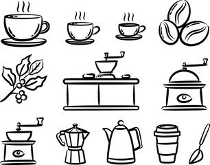 Obraz premium Set of coffee icons including cups, beans, grinders, and brewing equipment