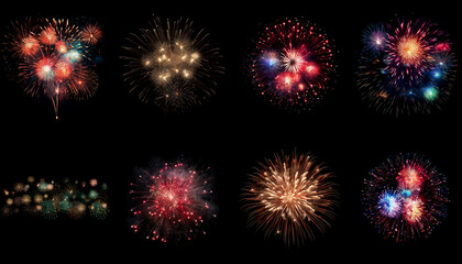 Set of colorful bright fireworks explosions in the night sky for celebration events and holidays like new year or independence day parties © Krypto