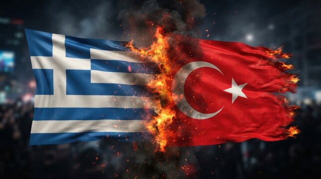 Dramatic stock photo showing Greek and Turkish flags in fiery conflict ideal for political tension graphics, news banners, or global relations marketing materials.