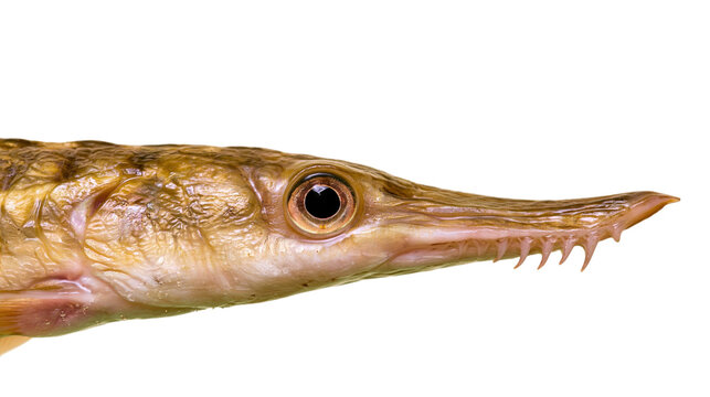 Close up of northern pike fish head with sharp teeth isolated on transparent background PNG element
