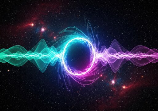 A mesmerizing cosmic display featuring a glowing neon portal amidst undulating synth waves and a deep space background filled with stars, cyan, background, waves
