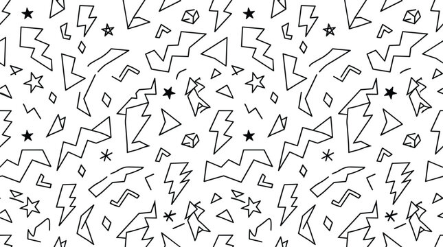 Seamless pattern featuring hand drawn black outline geometric shapes like lightning bolts stars and triangles