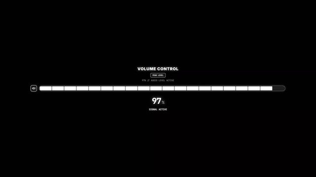 Futuristic HUD volume control bar filling from zero to one hundred percent